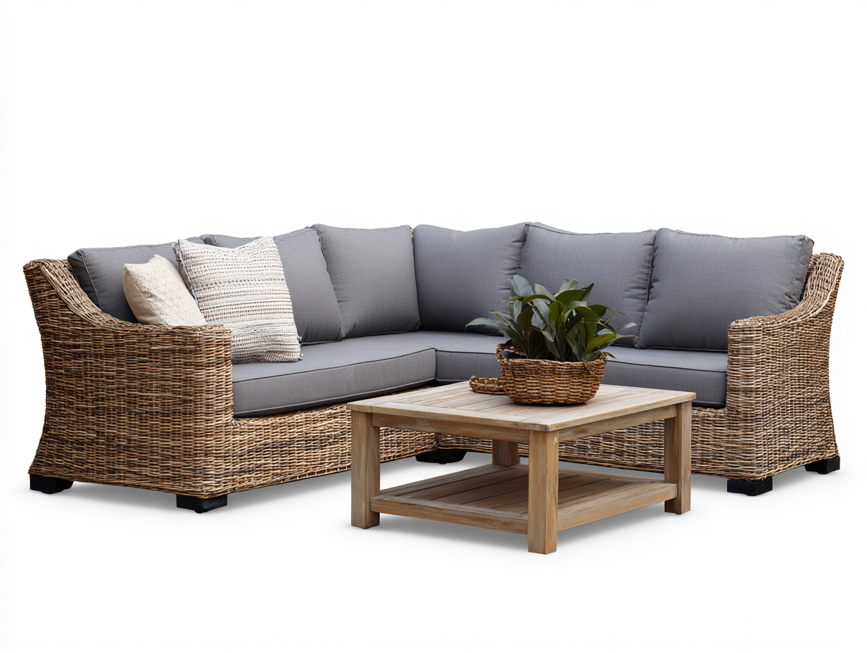 Set divano angolare e tavolino da giardino in rattan intrecciato - divano 230x70x78 cm - naturale e grigio - per giardino - stile outdoor