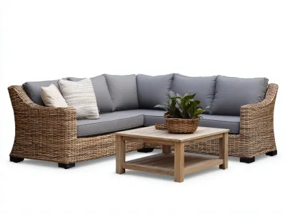 Set divano angolare e tavolino da giardino in rattan intrecciato - divano 230x70x78 cm - naturale e grigio - per giardino - stile outdoor