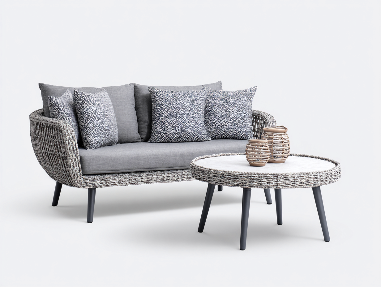 Set divano e tavolino da giardino in rattan intrecciato - divano 158x74x78 cm - naturale/grigio - per giardino - stile outdoor