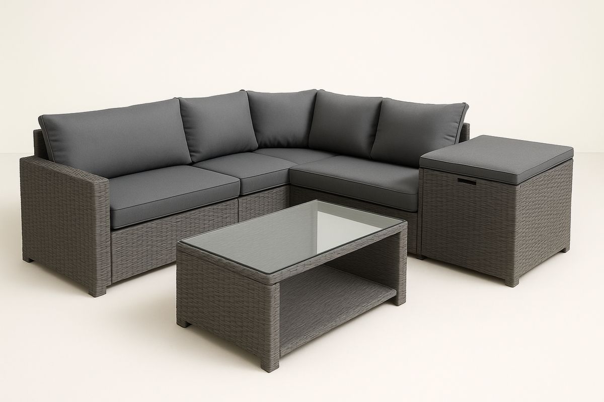 Grey Wicker Outdoor Corner Sofa Set with Cushions and Glass Top Table