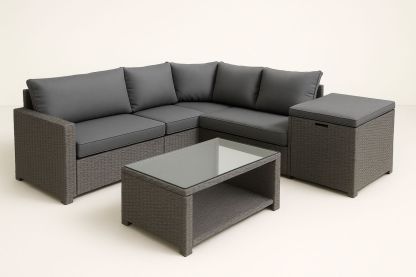 Grey Wicker Outdoor Corner Sofa Set with Cushions and Glass Top Table