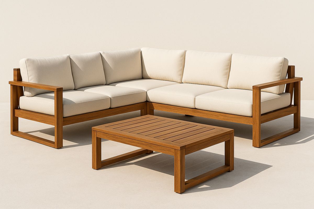Teak Wood Outdoor Corner Sofa Set with Beige Cushions