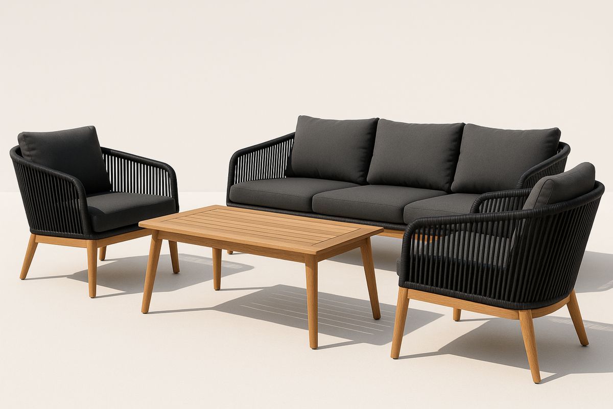 4-Piece Outdoor Sofa Set with Black Fabric Cushions and Wooden Table