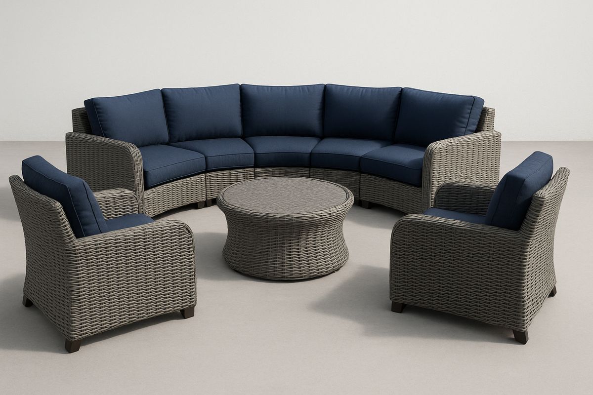 Outdoor Wicker Patio Furniture Set with Round Table and Blue Cushions