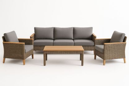 Brown Rattan Outdoor Furniture Set with Grey Cushions and Wooden Table