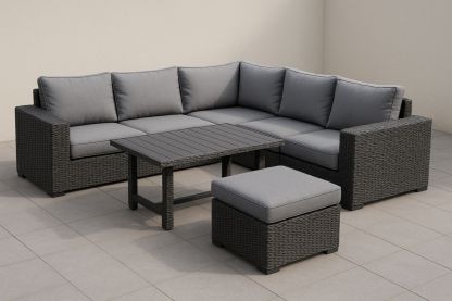 Outdoor Wicker Sofa Set with Grey Cushions, Table and Ottoman