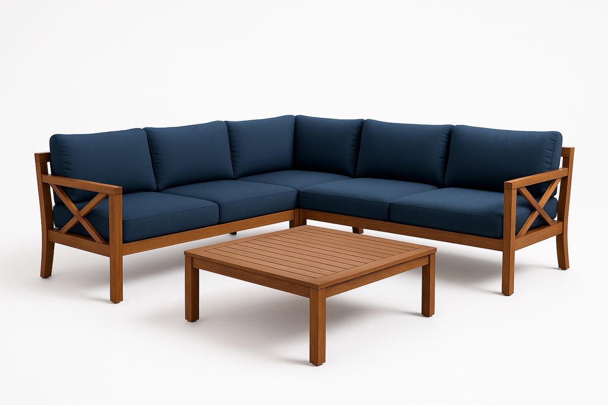 Corner Outdoor Lounge Set Acacia Wood Blue Cushions