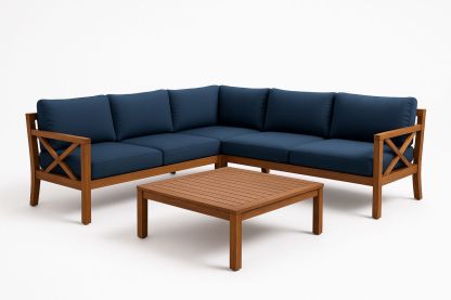 Corner Outdoor Lounge Set Acacia Wood Blue Cushions
