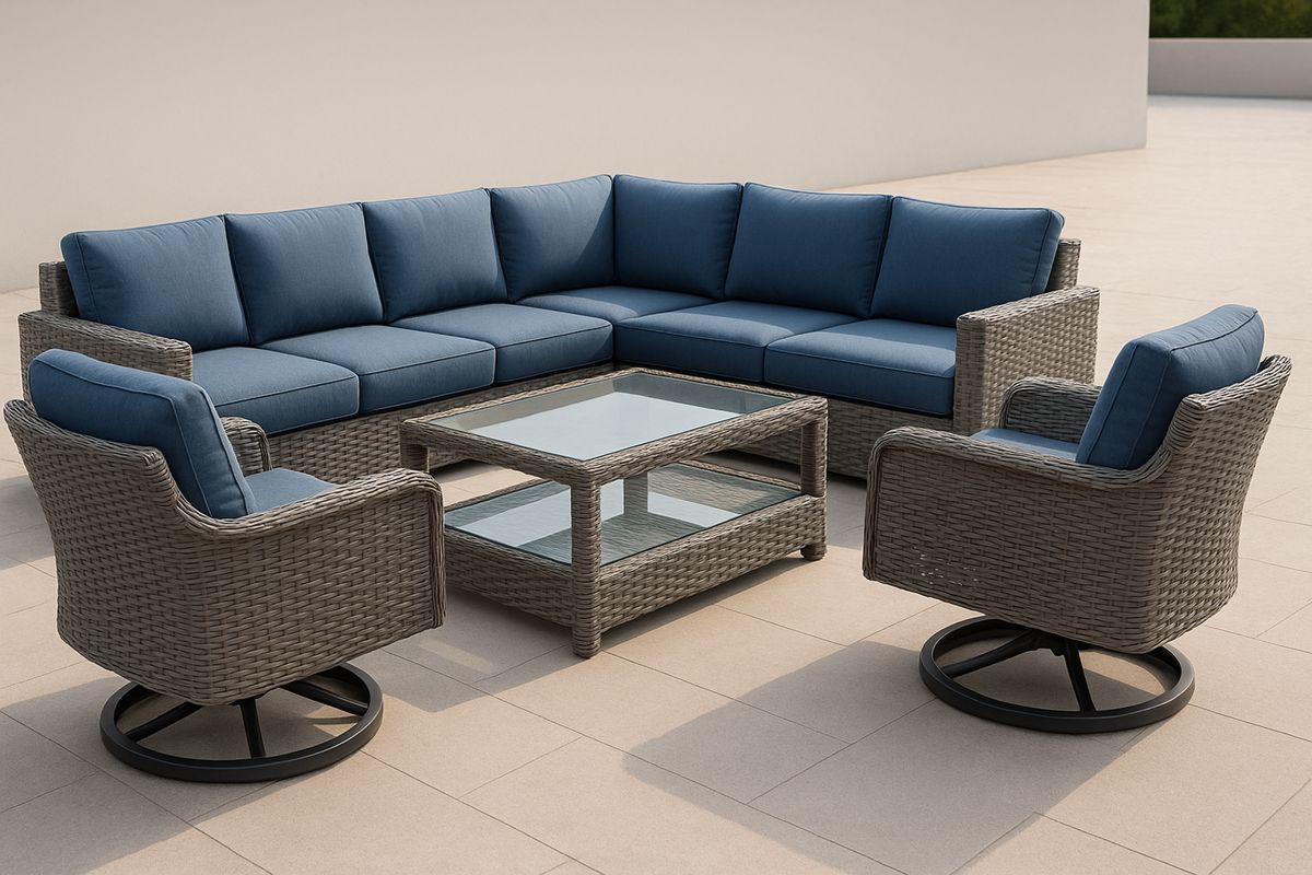 Outdoor Wicker Lounge Set with Swivel Chairs and Glass Coffee Table Blue Cushions Aluminium Frame
