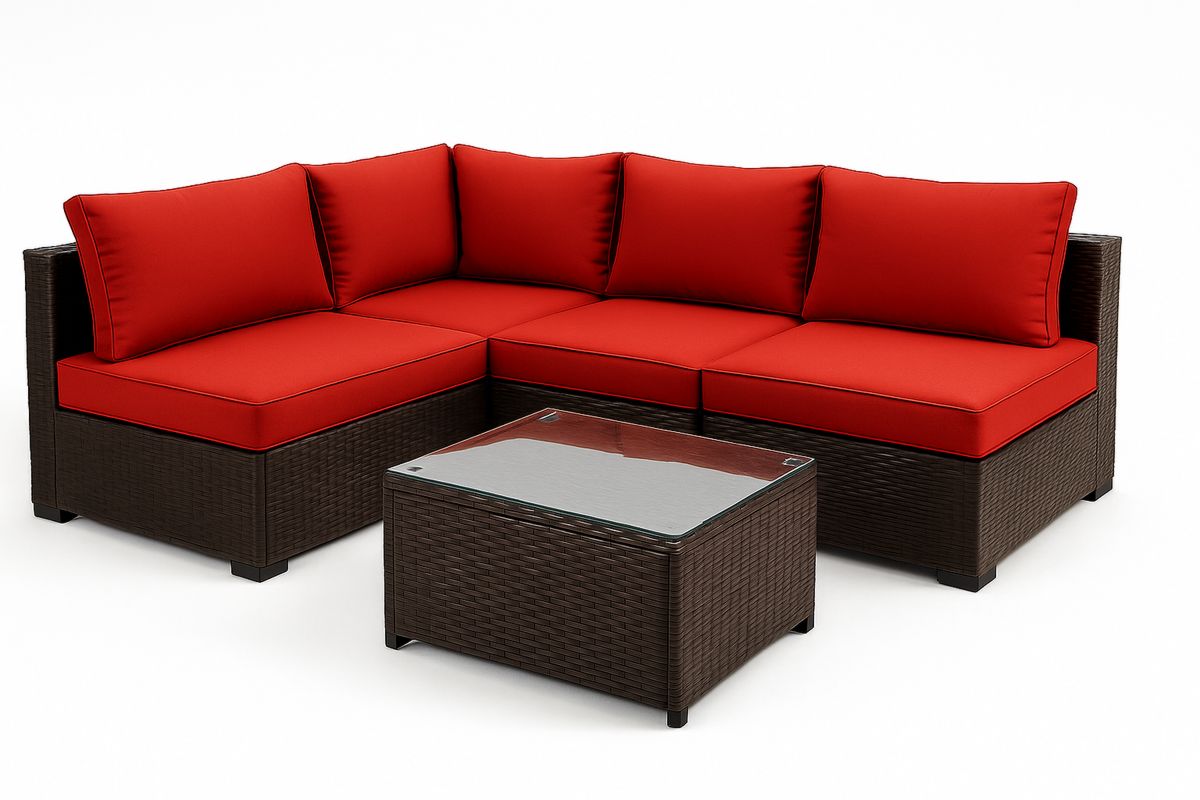 Outdoor Rattan Wicker L-Shaped Sofa Set with Red Cushions and Glass Table