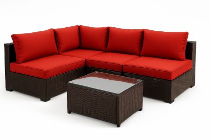 Outdoor Rattan Wicker L-Shaped Sofa Set with Red Cushions and Glass Table