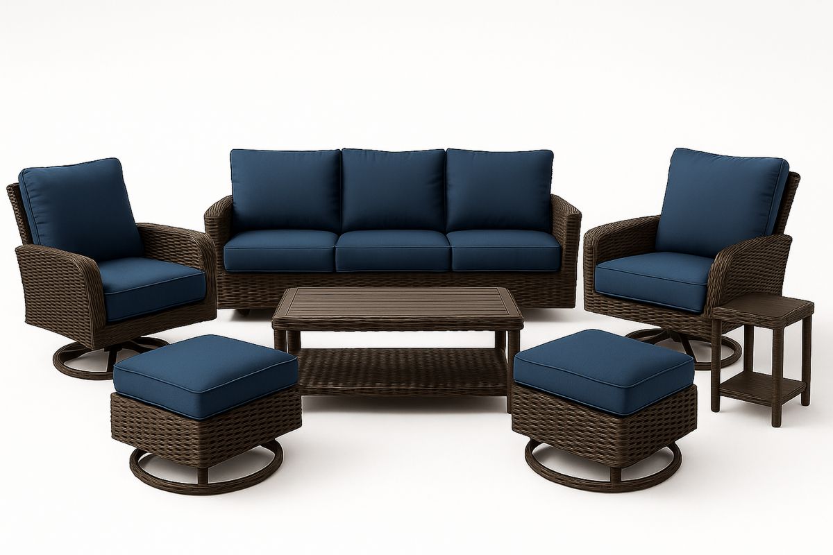 Wicker Outdoor Sofa Set with Blue Cushions and Coffee Table