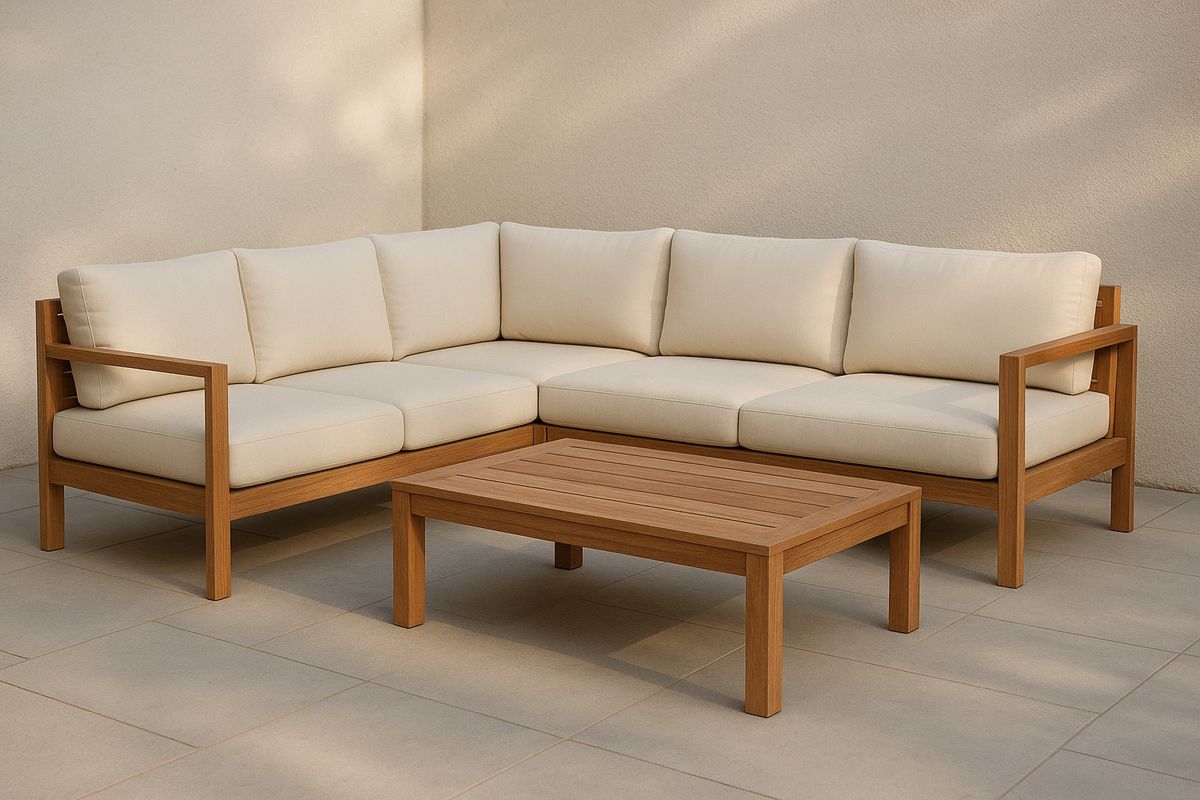Outdoor Teak Sofa and Coffee Table Set with Beige Cushions