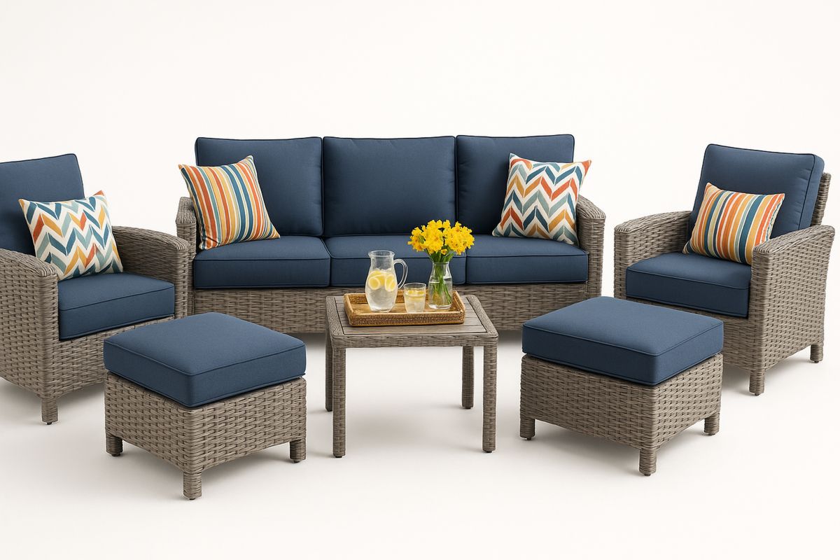 Outdoor Lounge Set with Wicker Rattan and Navy Blue Polyester Cushions