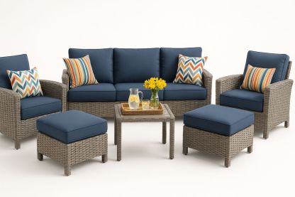 Outdoor Lounge Set with Wicker Rattan and Navy Blue Polyester Cushions