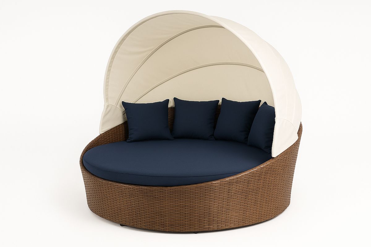 Outdoor Wicker Daybed with Polyester Canopy and Navy Cushion