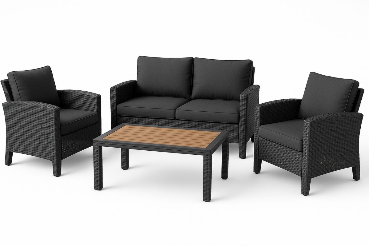 Rattan Wicker Outdoor Furniture Set with Polywood Table Top Black