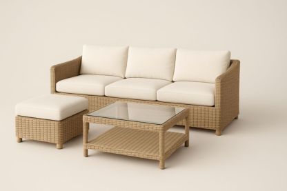 Set divano in rattan con tavolino in vetro e poggiapiedi, crema