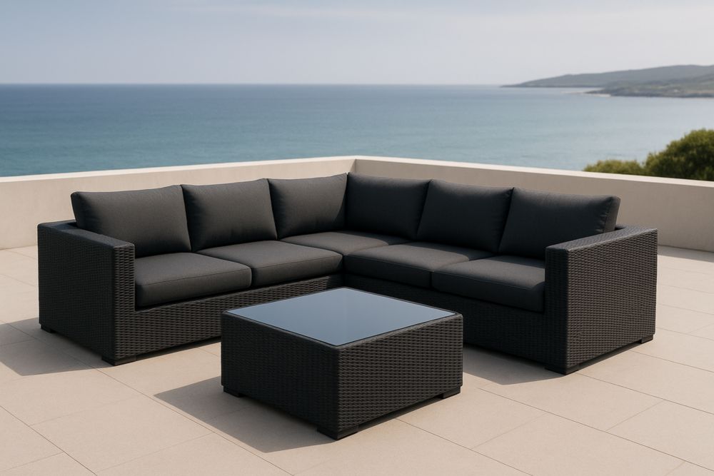 Set Divano Angolare da Esterno in Rattan Sintetico Nero con Tavolino