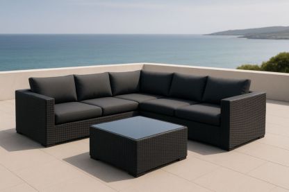 Set Divano Angolare da Esterno in Rattan Sintetico Nero con Tavolino