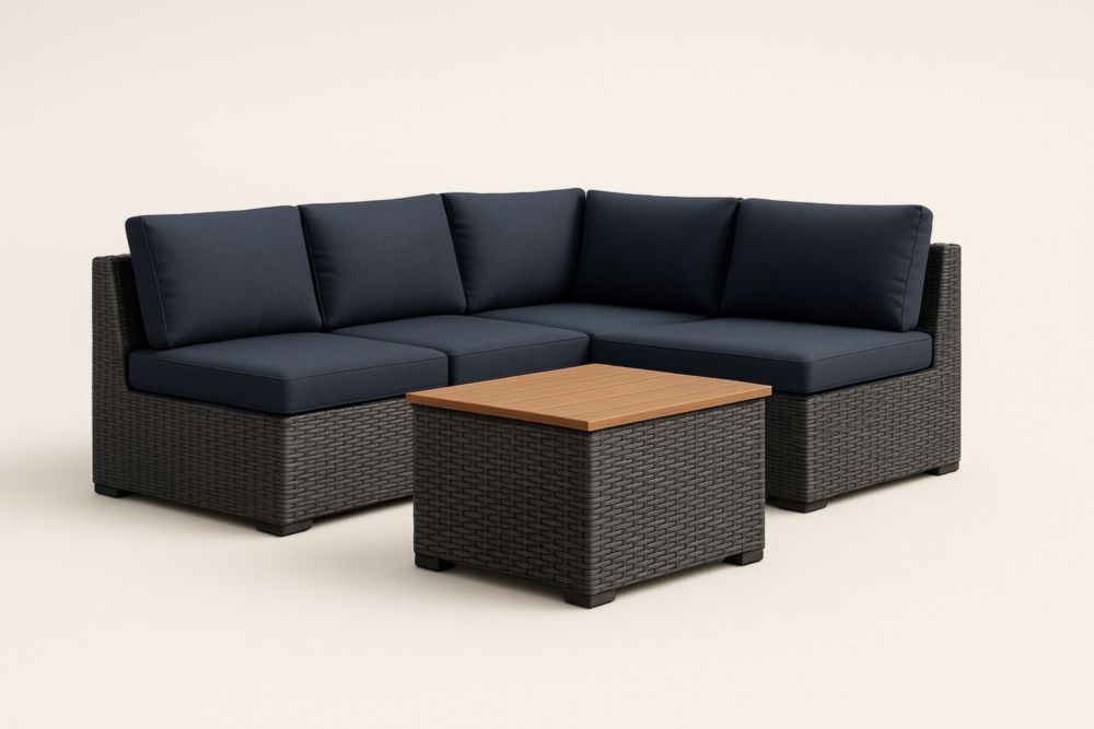 Set Divano Angolare in Rattan Sintetico e Poliestere Blu con Tavolino in Resina con cuscini
