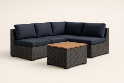 Set Divano Angolare in Rattan Sintetico e Poliestere Blu con Tavolino in Resina con cuscini