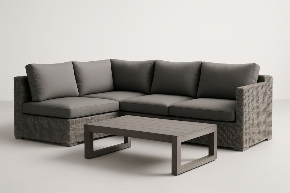 Divano angolare in rattan sintetico grigio con tavolino rettangolare con cuscini