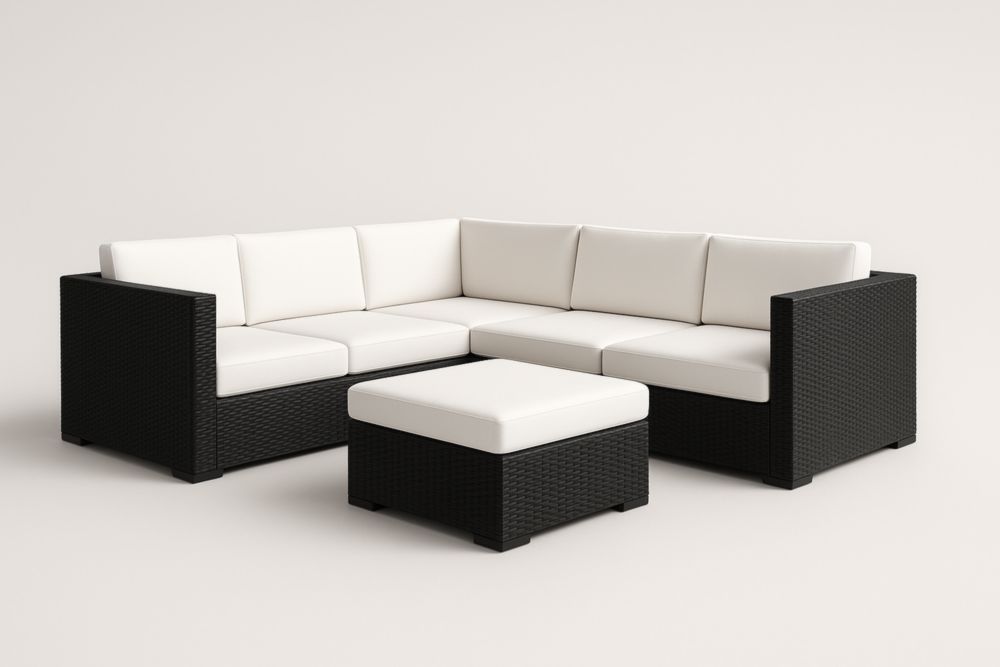 Set Divano Angolare in Polyrattan Nero con Cuscini Bianchi