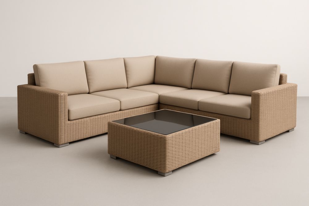 Divano Angolare in Rattan Sintetico con Cuscini in Poliestere Beige e Tavolino