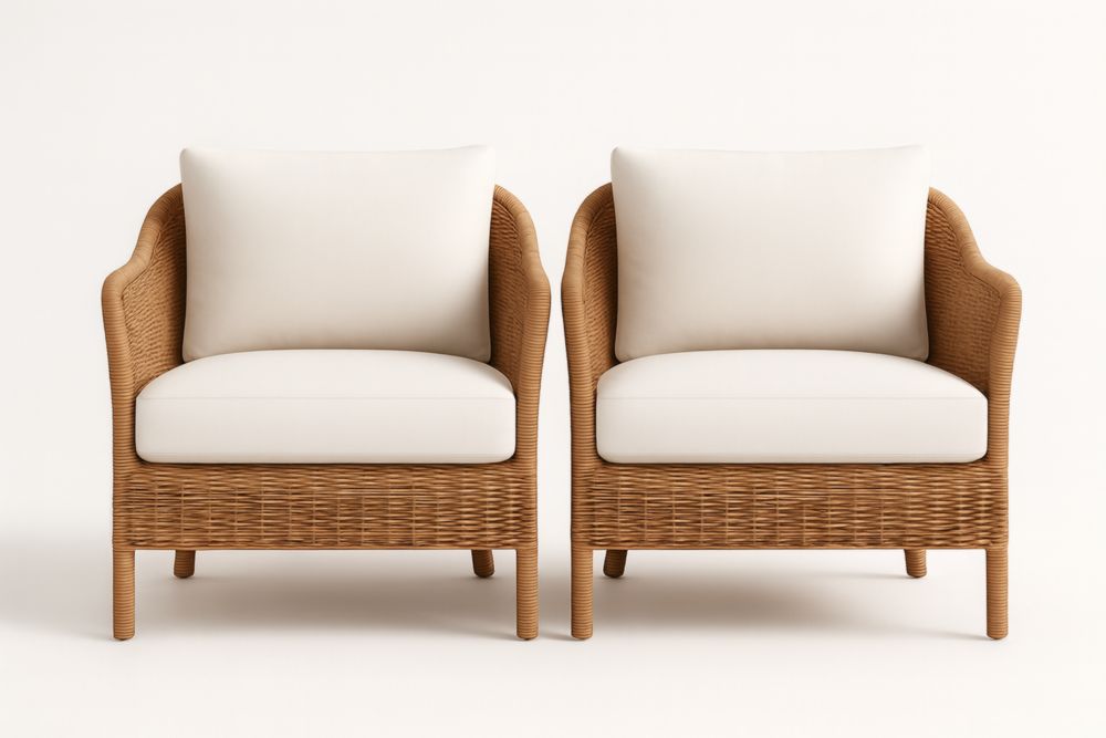 Set 2 Poltrone in Rattan con Cuscini in Tessuto Poliestere Bianco