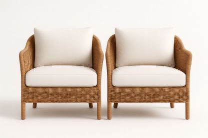 Set 2 Poltrone in Rattan con Cuscini in Tessuto Poliestere Bianco