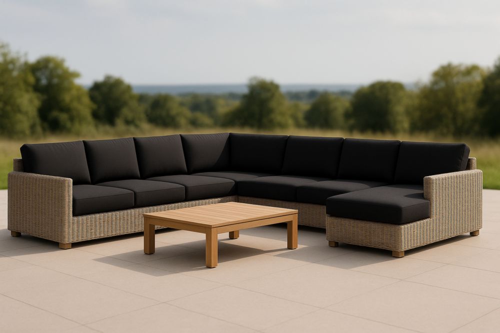 Divano Angolare da Esterno con Tavolino in Legno di teak, Struttura in Rattan Sintetico, Cuscini Neri