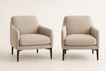 Coppia di Poltrone da Salotto in Tessuto Beige con Gambe in Legno