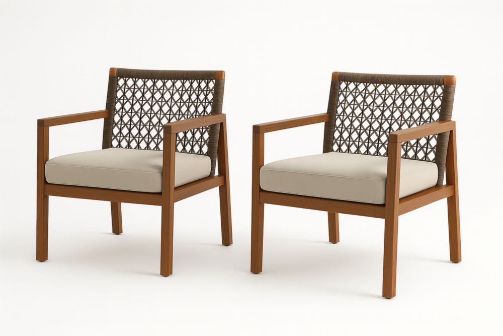 Set di 2 poltrone in legno con schienale intrecciato e cuscino beige