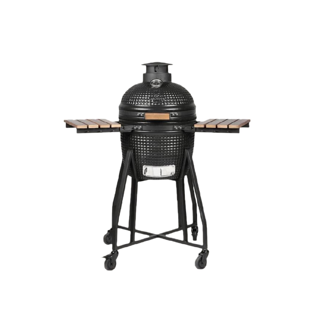 Barbecue kamado en céramique noir, couvercle avec thermomètre, tablettes latérales pliantes-heavens-door.onLine