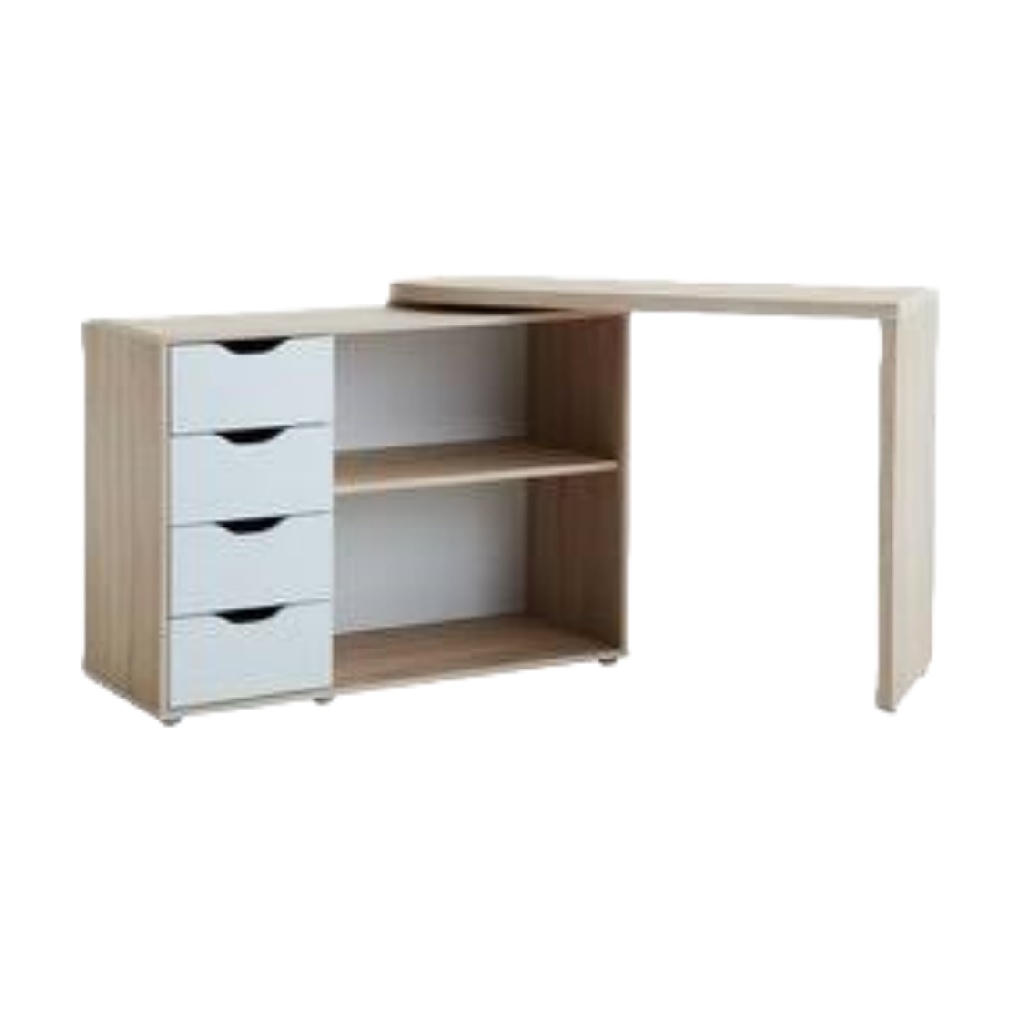 Bureau d’angle en L avec rangements et tiroirs, finition bois et blanc-heavens-door.onLine