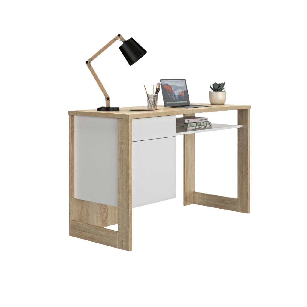 Bureau avec caisson suspendu et étagère latérale, finition bois clair et blanc-heavens-door.onLine