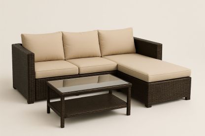 Outdoor Wicker Sofa Set with Tempered Glass Top Table and Beige Cushions