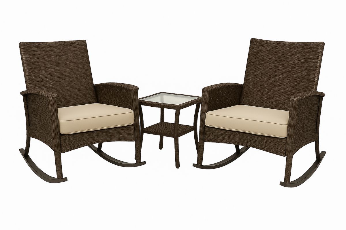 Outdoor Wicker Rocking Chair Set with Glass Top Table Brown/Beige