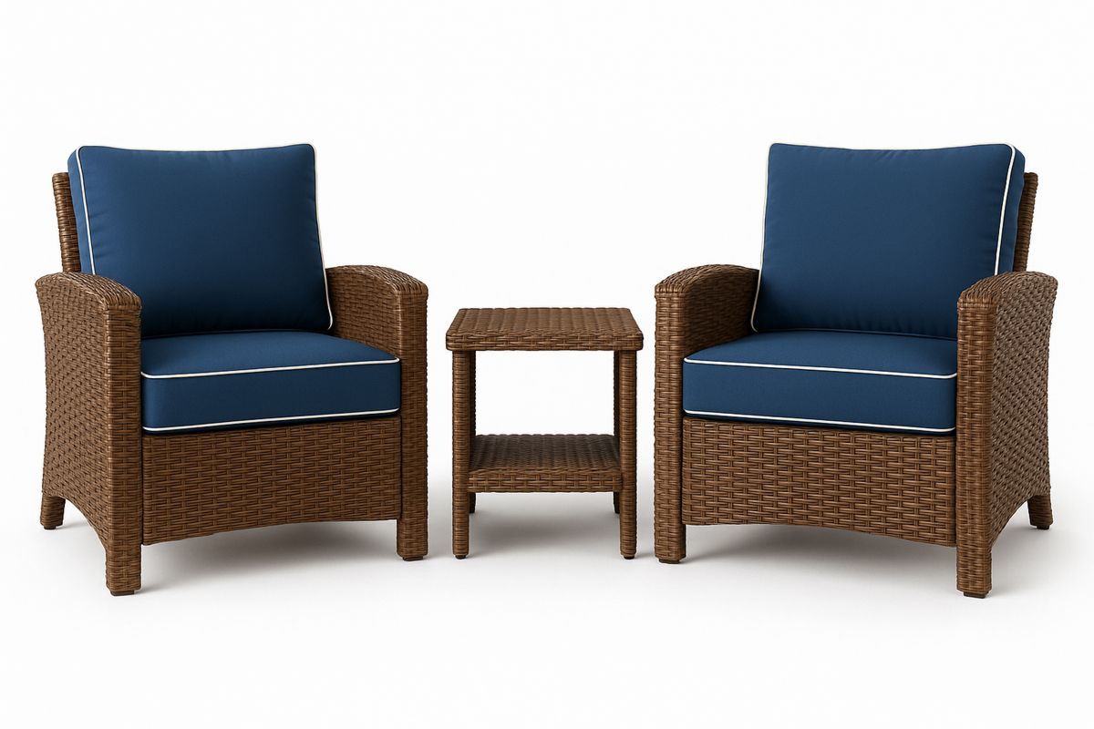 Outdoor Wicker Chair Set with Navy Cushions and Side Table