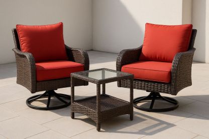Wicker Outdoor Lounge Set with Red Cushions and Glass Top Table