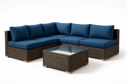 Outdoor Wicker Rattan Corner Sofa Set with Blue Cushions and Glass Top Table