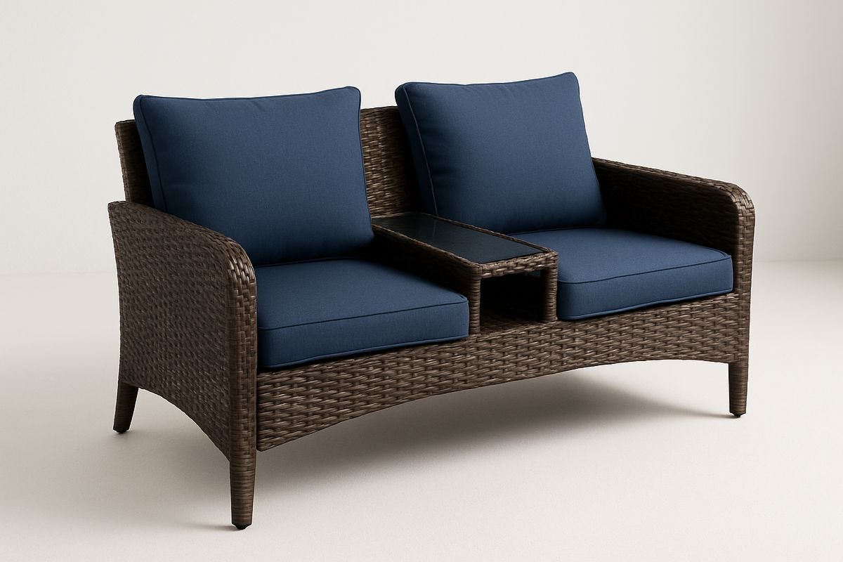 Outdoor Wicker Loveseat with Cushion and Centre Table Navy Blue