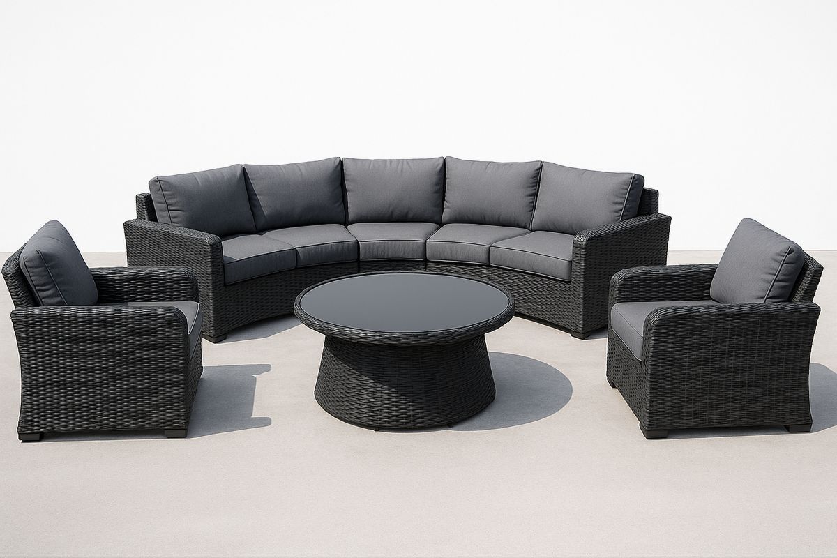 Outdoor Wicker Lounge Set with Glass Top Table and Cushions Black/Grey