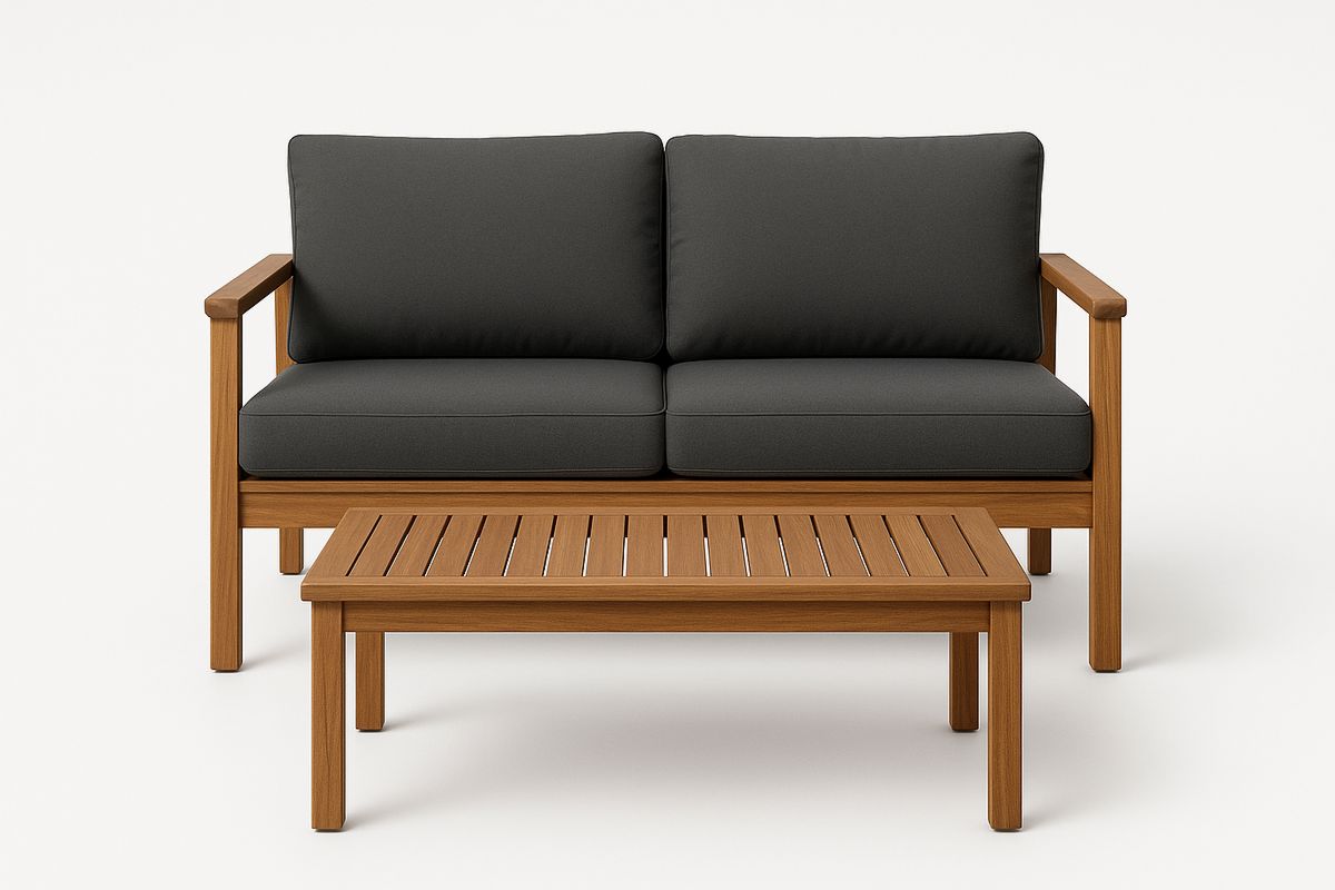 Outdoor Acacia Wood Sofa and Coffee Table Set with Dark Grey Cushions