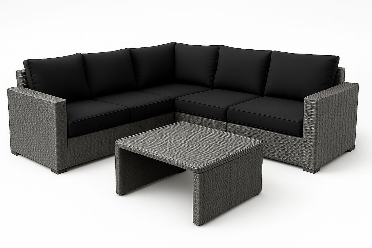 Corner Outdoor Sofa Set PE Wicker Black Cushions with Coffee Table