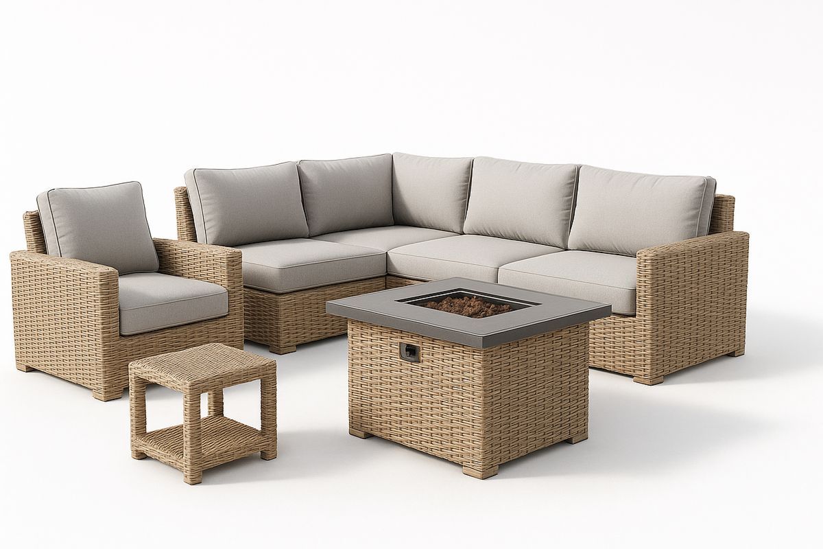 Outdoor Wicker Lounge Set with Cushions and Fire Pit Table