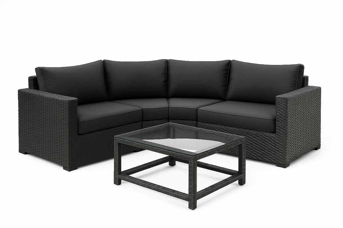 Outdoor Rattan Sectional Sofa Set with Glass Coffee Table Black