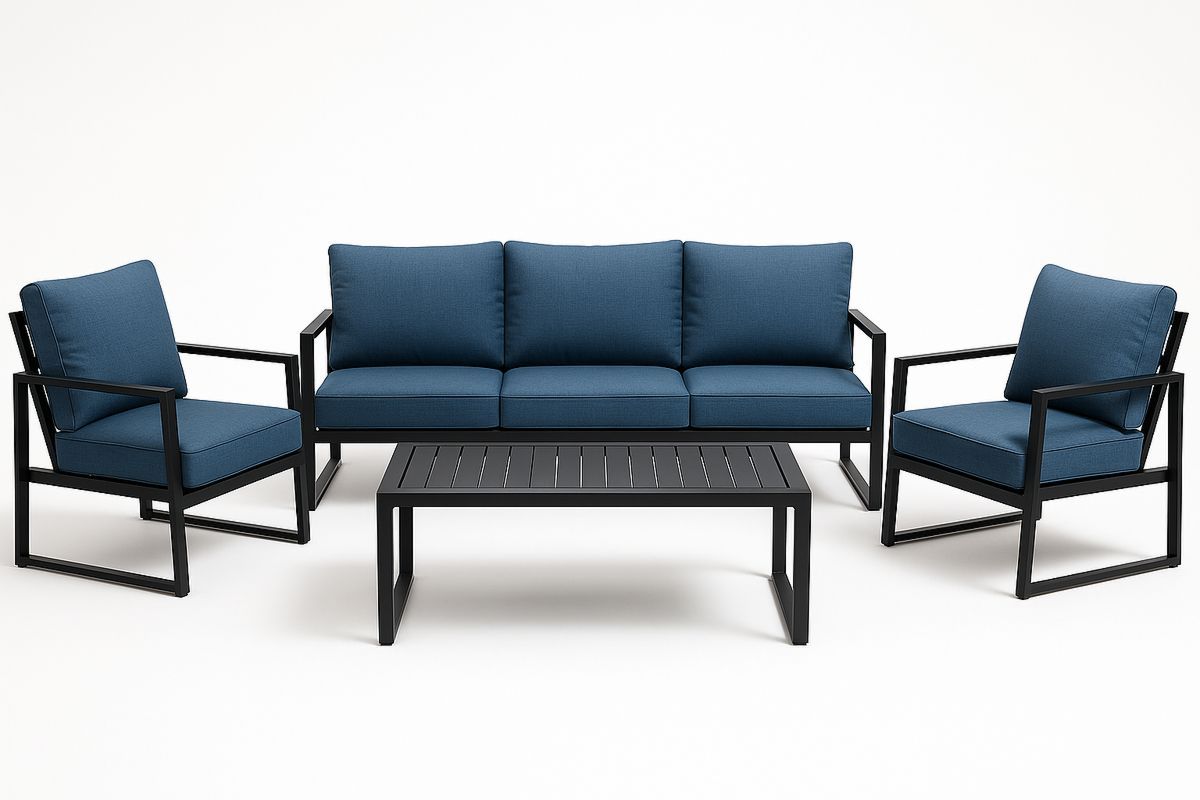 Outdoor Aluminium Sofa Set with Navy Blue Polyester Cushions