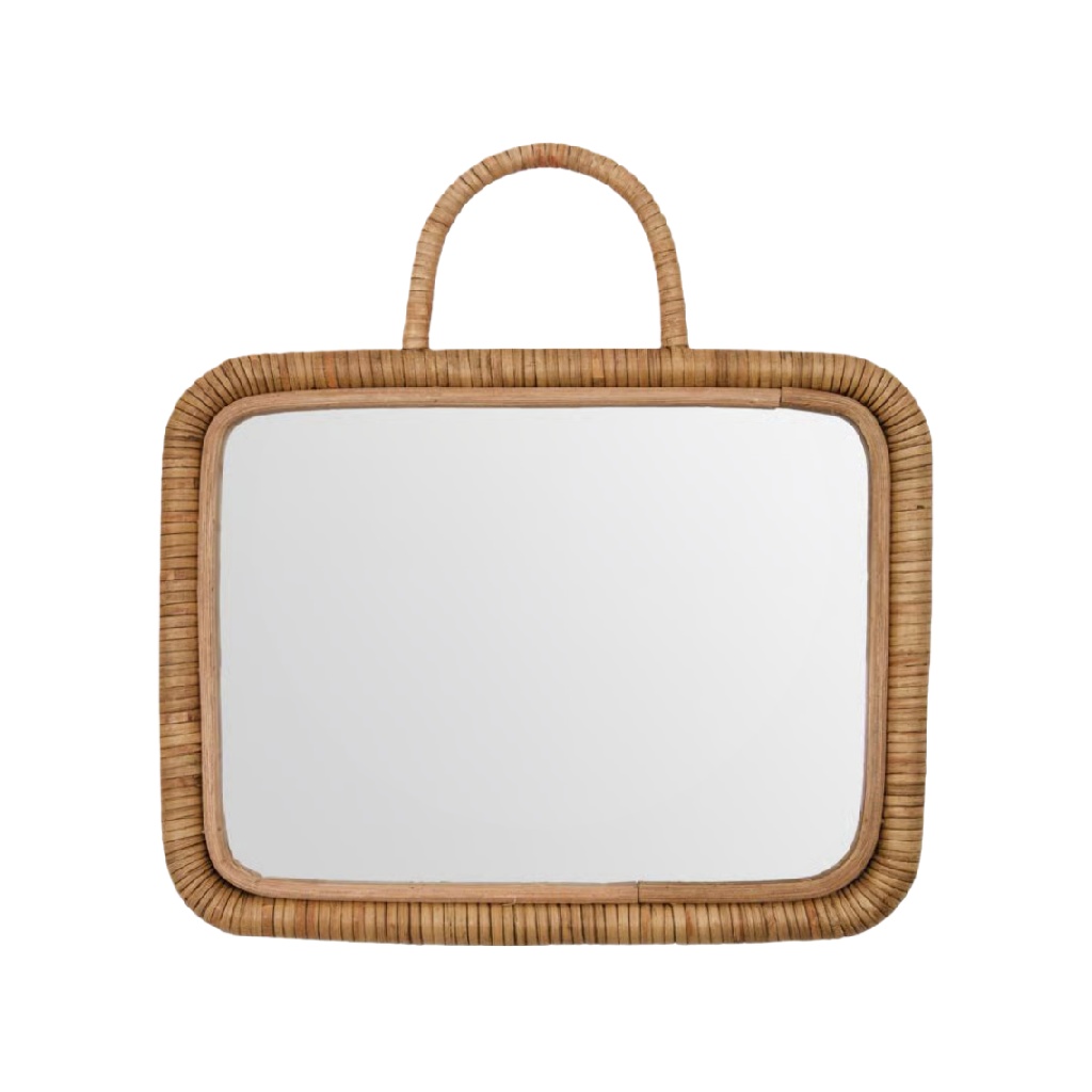 Espejo rectangular de pared con marco de ratán natural y asa-jessehenry.shop